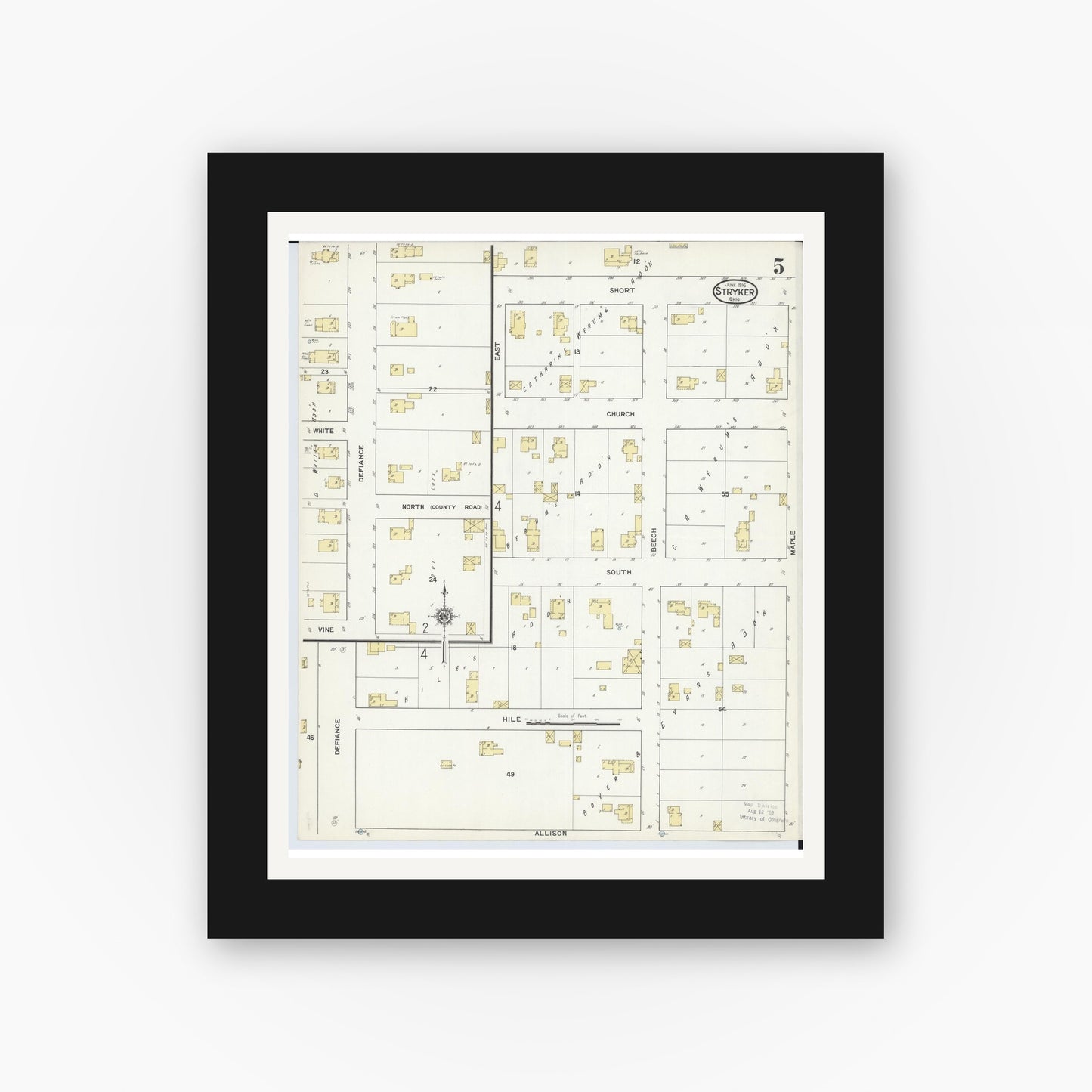 Old map wall art mockup — black gallery frame with white mat — Sanborn Fire Insurance Map from Stryker, Williams County, Ohio (1916), Sheet #0005