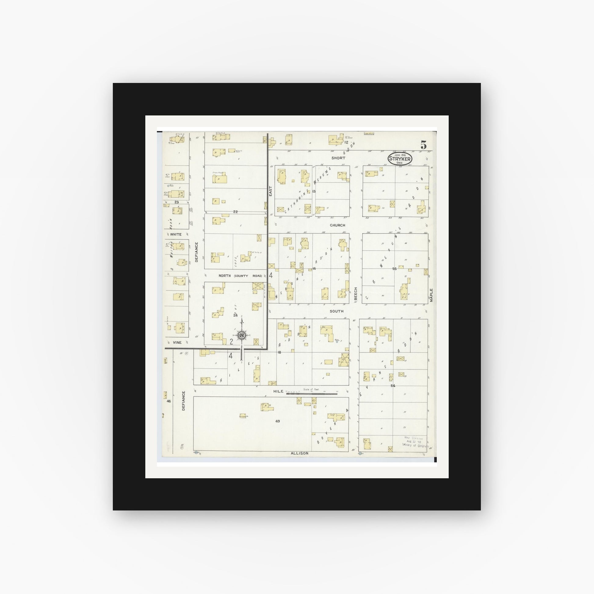 Old map wall art mockup — black gallery frame with white mat — Sanborn Fire Insurance Map from Stryker, Williams County, Ohio (1916), Sheet #0005