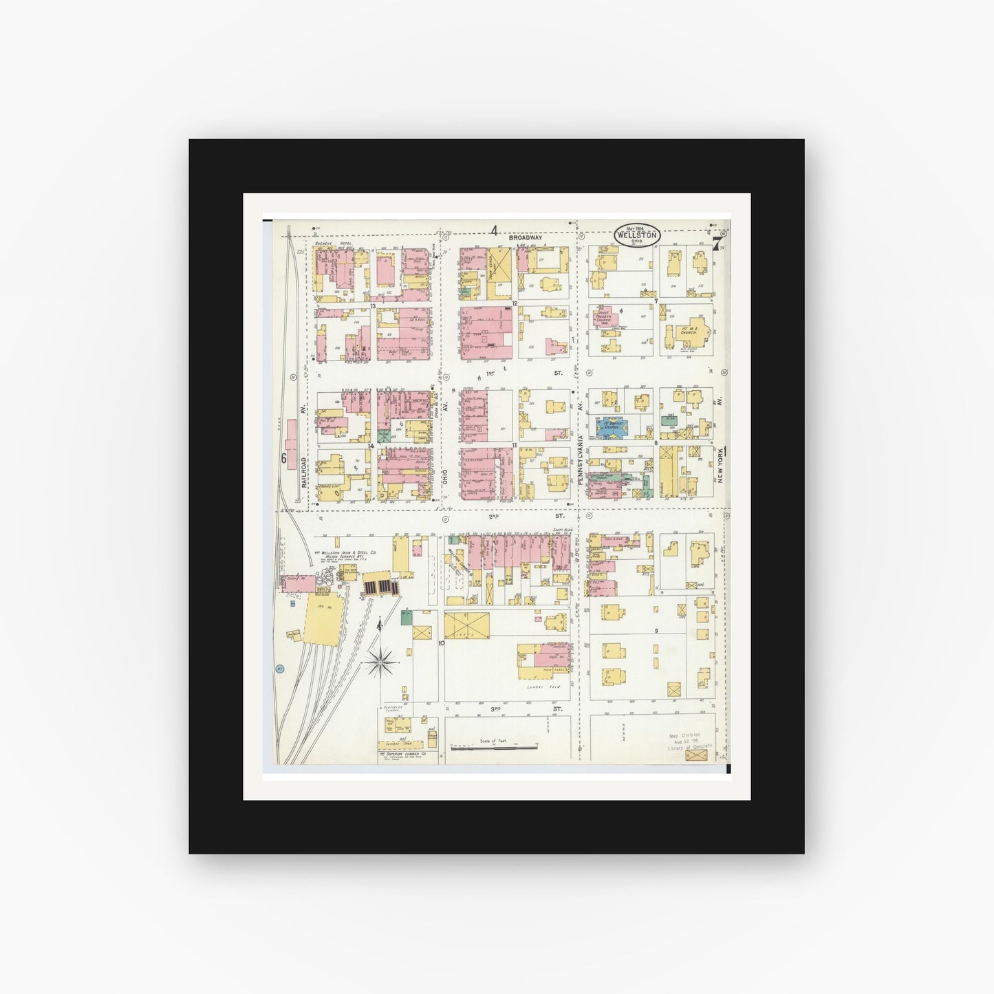 Old map wall art mockup — black gallery frame with white mat — Sanborn Fire Insurance Map from Wellston, Jackson County, Ohio (1904), Sheet #0007