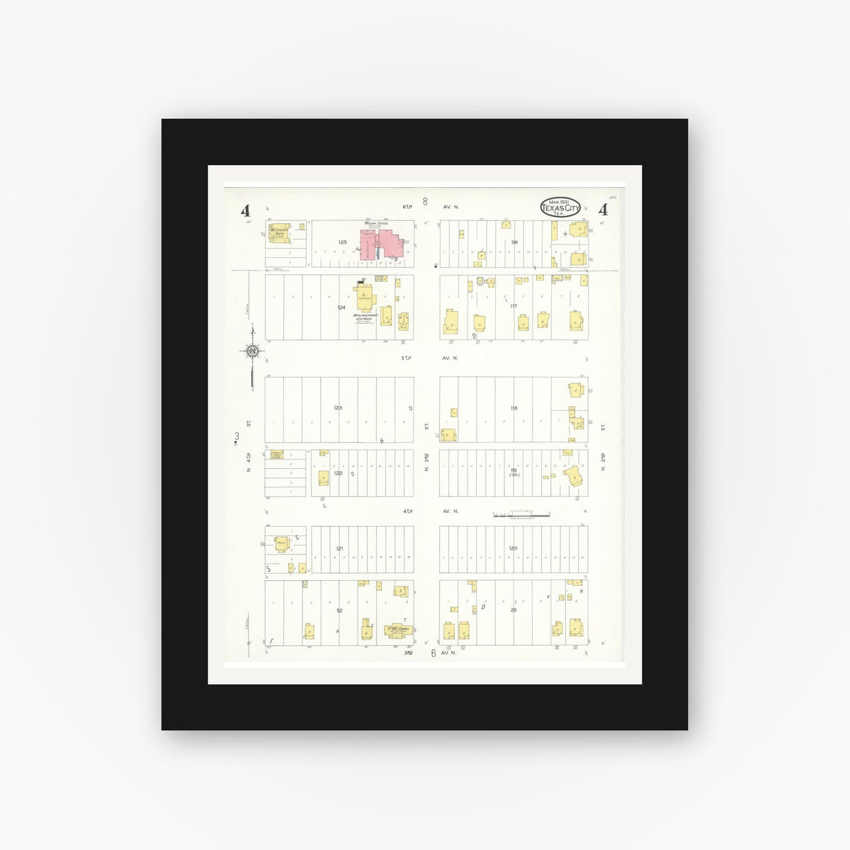 Old map wall art mockup — black gallery frame with white mat — Sanborn Fire Insurance Map from Texas City, Galveston County, Texas (1931), Sheet #0004