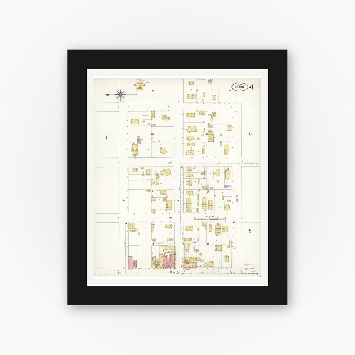 Old map wall art mockup — black gallery frame with white mat — Sanborn Fire Insurance Map from Dixon, Solano County, California (1907), Sheet #0004