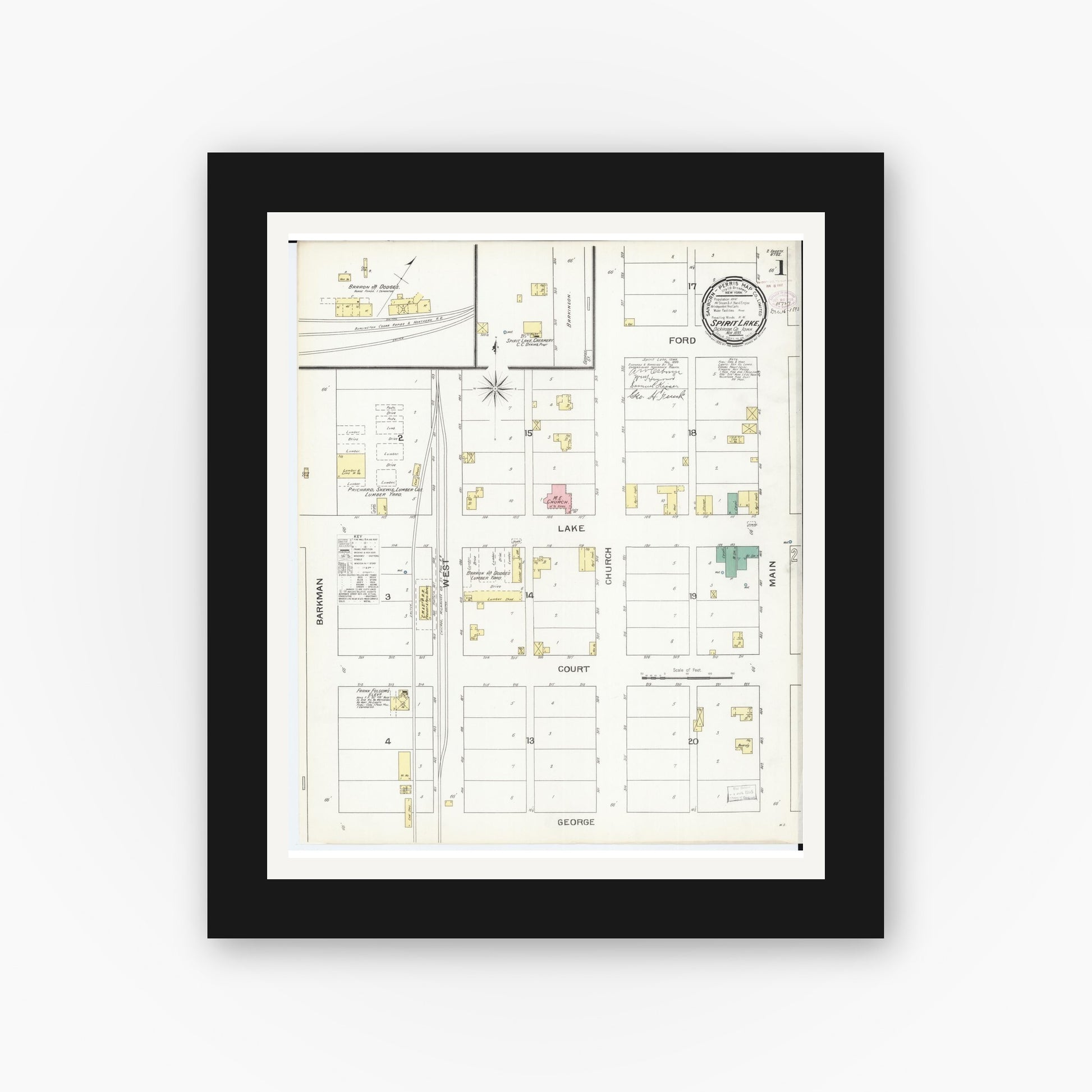Old map wall art mockup — black gallery frame with white mat — Sanborn Fire Insurance Map from Spirit Lake, Dickinson County, Iowa (1893), Sheet #0001