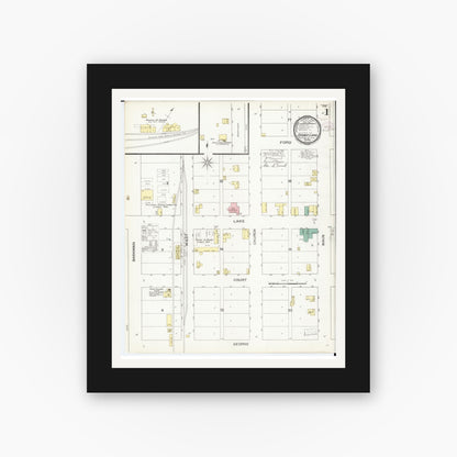Old map wall art mockup — black gallery frame with white mat — Sanborn Fire Insurance Map from Spirit Lake, Dickinson County, Iowa (1893), Sheet #0001
