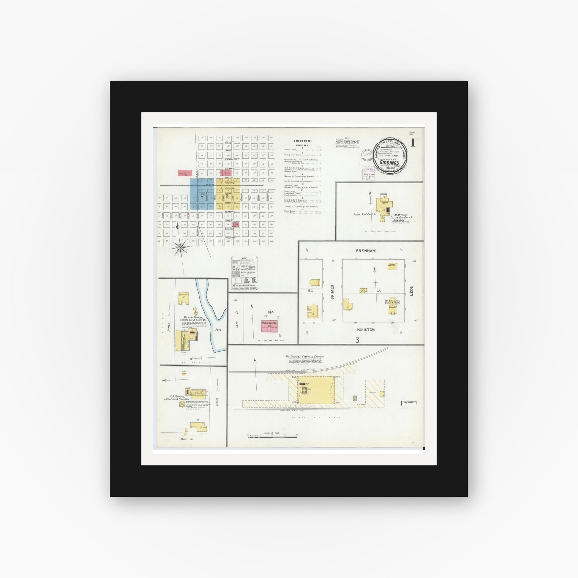 Old map wall art mockup — black gallery frame with white mat — Sanborn Fire Insurance Map from Giddings, Lee County, Texas (1901), Sheet #0001