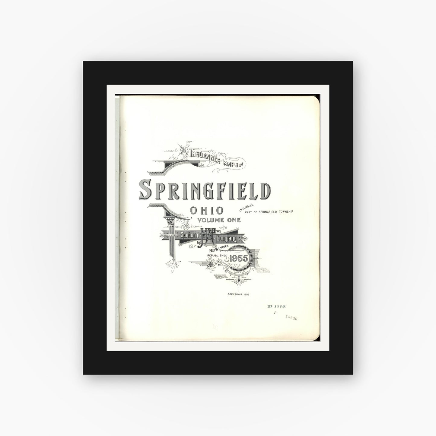 Old map wall art mockup — black gallery frame with white mat — Sanborn Fire Insurance Map from Springfield, Clark County, Ohio (1955), Sheet #0001