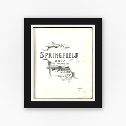 Old map wall art mockup — black gallery frame with white mat — Sanborn Fire Insurance Map from Springfield, Clark County, Ohio (1955), Sheet #0001