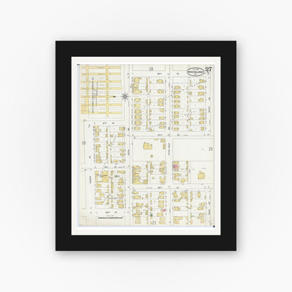 Old map wall art mockup — black gallery frame with white mat — Sanborn Fire Insurance Map from Rock Island, Rock Island County, Illinois (1898), Sheet #0027