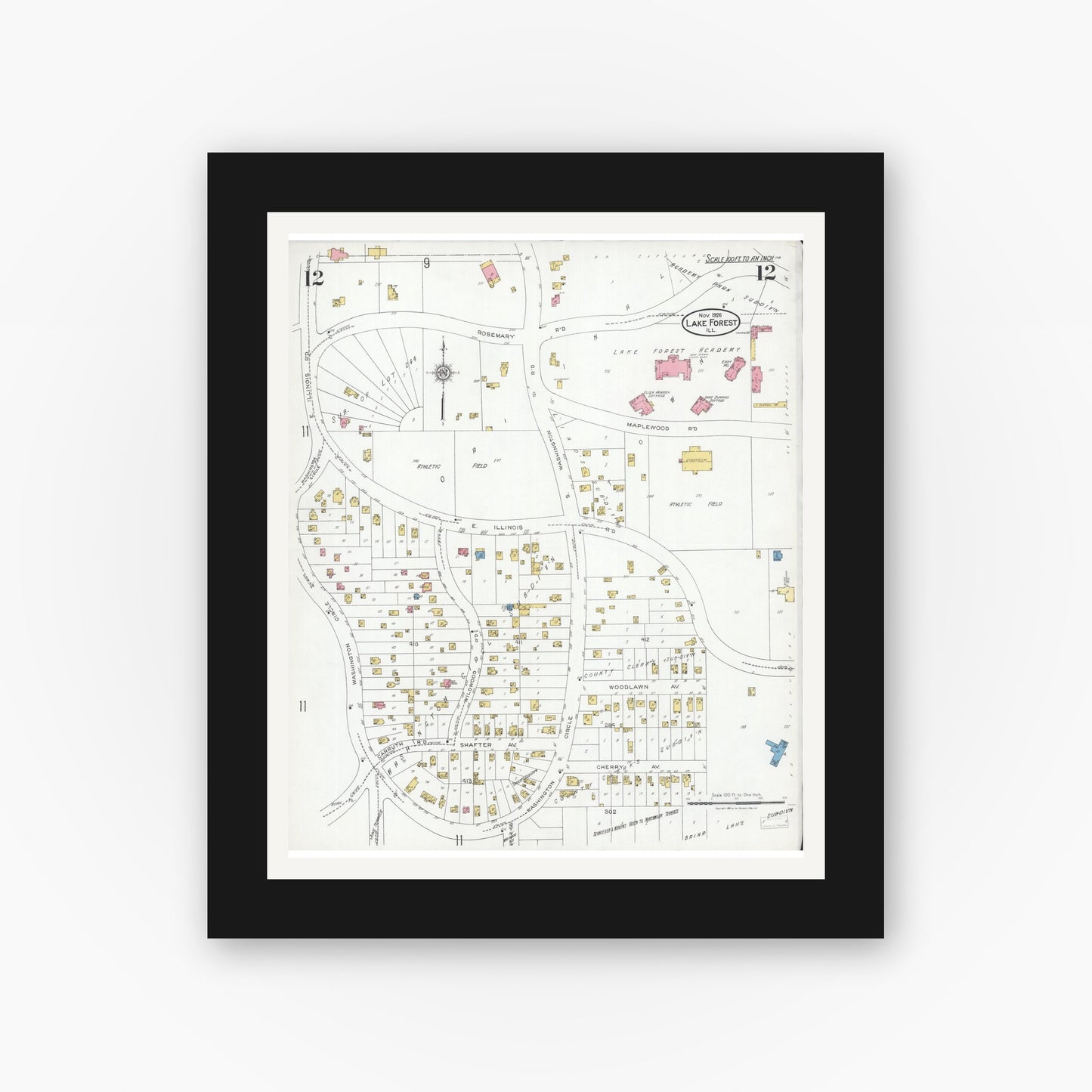Old map wall art mockup — black gallery frame with white mat — Sanborn Fire Insurance Map from Lake Forest, Lake County, Illinois (1926), Sheet #0012