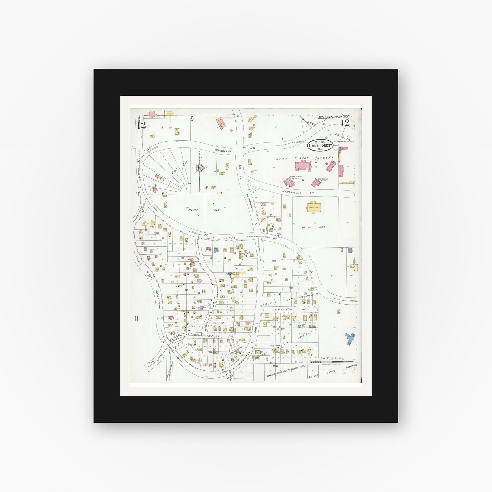 Old map wall art mockup — black gallery frame with white mat — Sanborn Fire Insurance Map from Lake Forest, Lake County, Illinois (1926), Sheet #0012