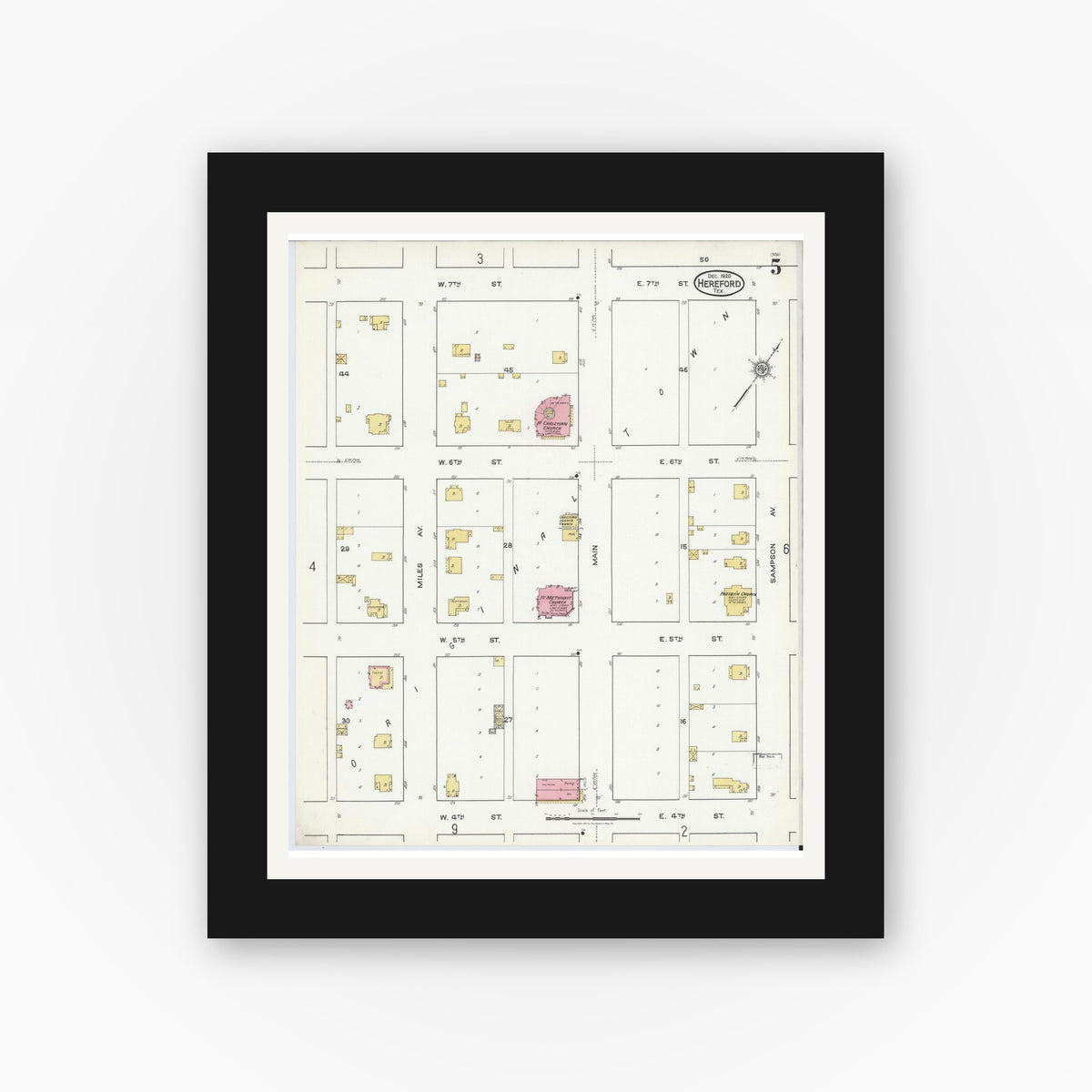 Old map wall art mockup — black gallery frame with white mat — Sanborn Fire Insurance Map from Hereford, Deaf Smith County, Texas (1920), Sheet #0005
