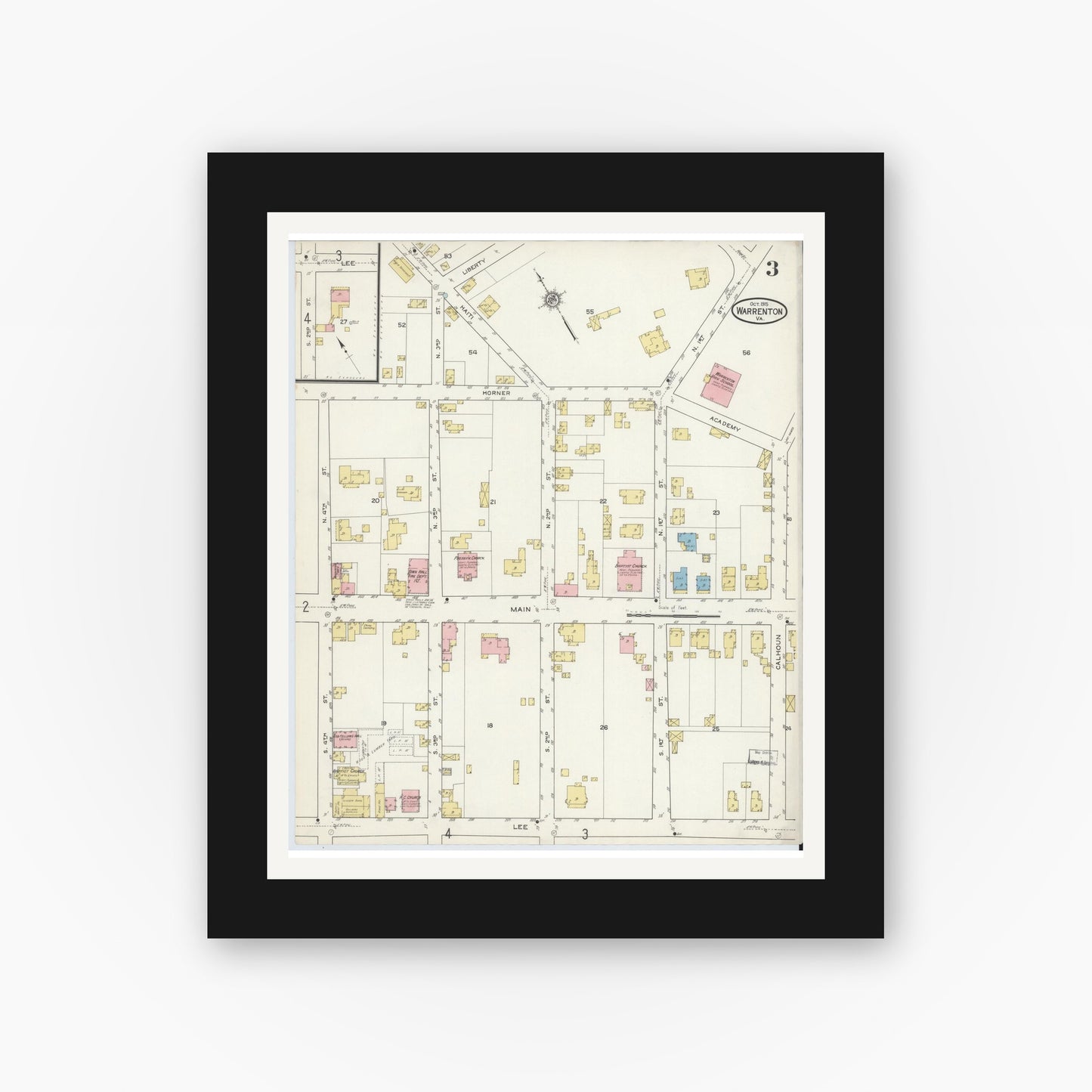 Old map wall art mockup — black gallery frame with white mat — Sanborn Fire Insurance Map from Warrenton, Fauquier County, Virginia (1915), Sheet #0003
