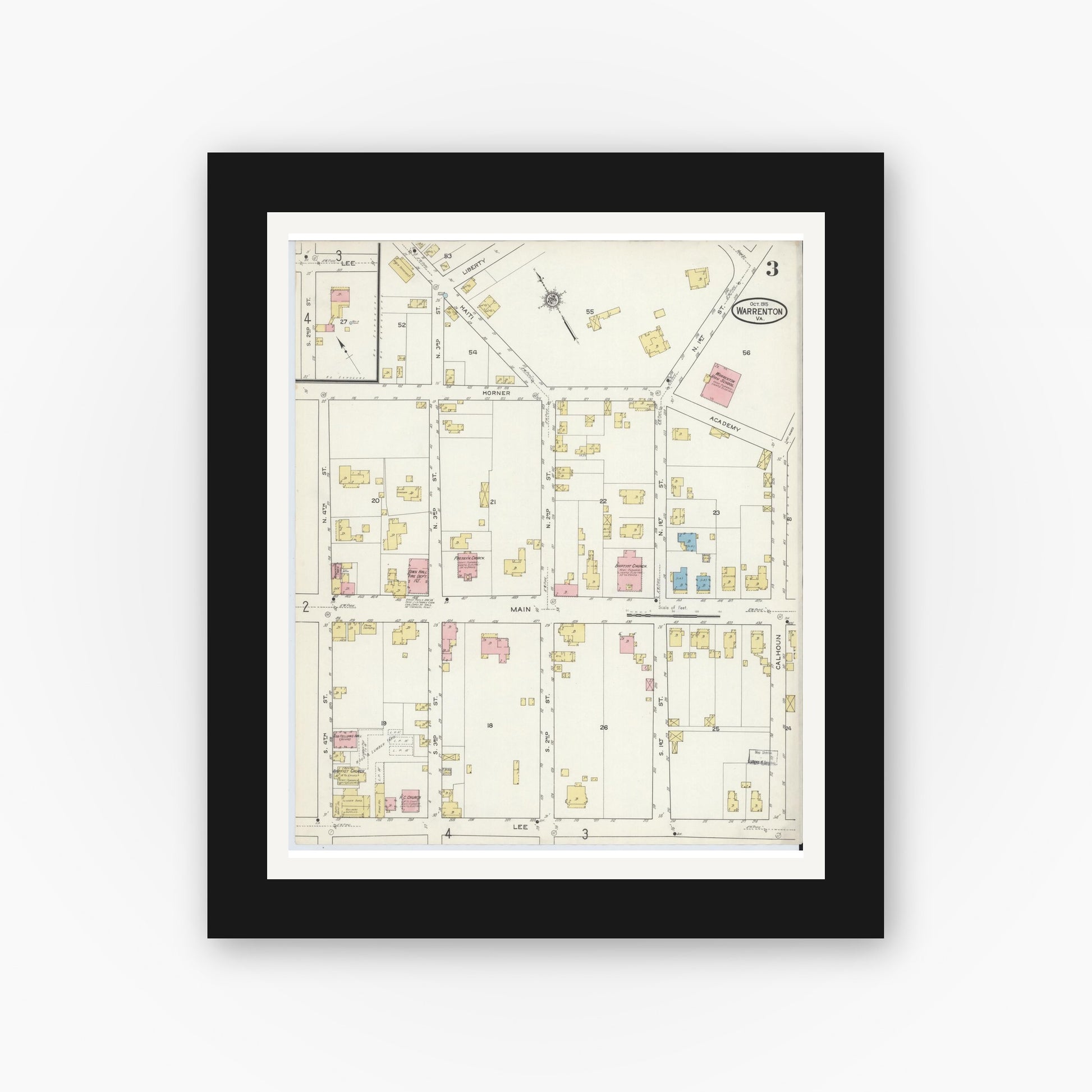Old map wall art mockup — black gallery frame with white mat — Sanborn Fire Insurance Map from Warrenton, Fauquier County, Virginia (1915), Sheet #0003