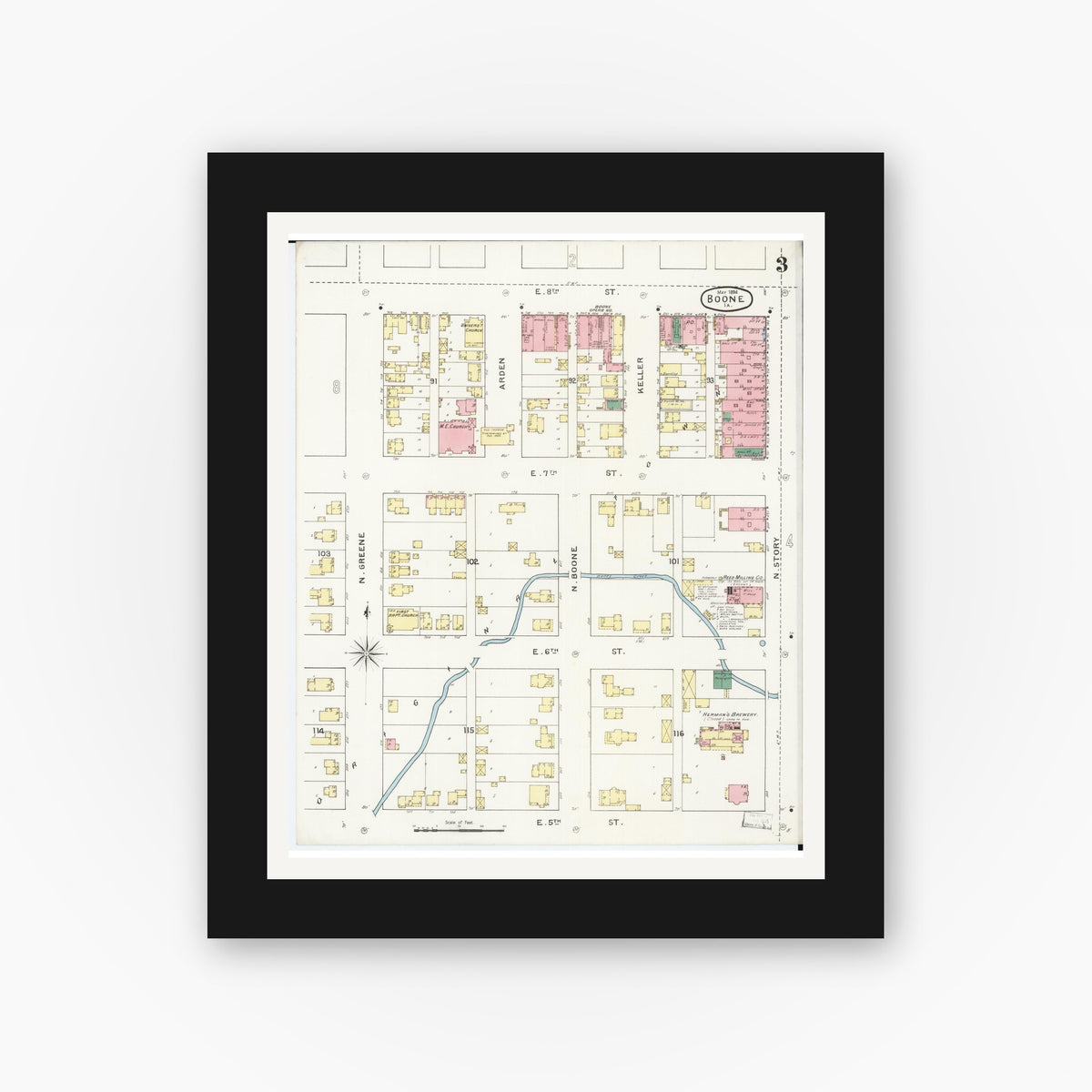 Old map wall art mockup — black gallery frame with white mat — Sanborn Fire Insurance Map from Boone, Boone County, Iowa (1894), Sheet #0003