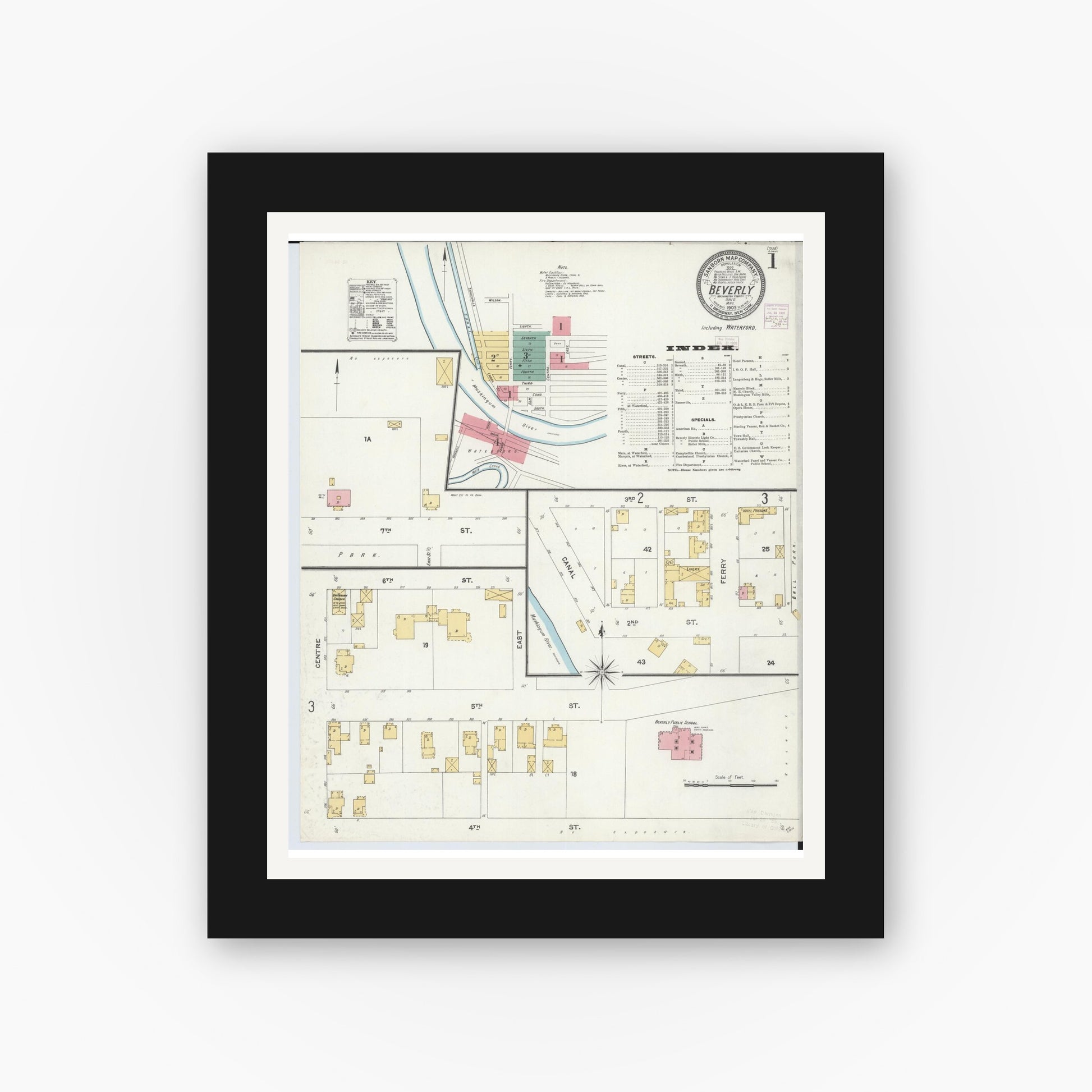 Old map wall art mockup — black gallery frame with white mat — Sanborn Fire Insurance Map from Beverly, Washington County, Ohio (1905), Sheet #0001