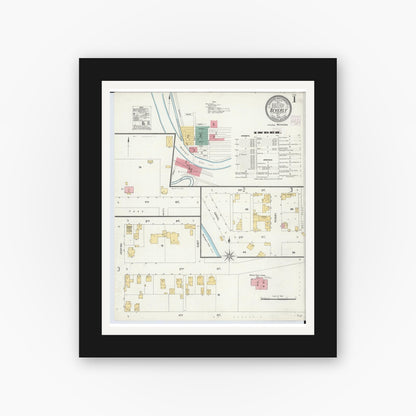 Old map wall art mockup — black gallery frame with white mat — Sanborn Fire Insurance Map from Beverly, Washington County, Ohio (1905), Sheet #0001