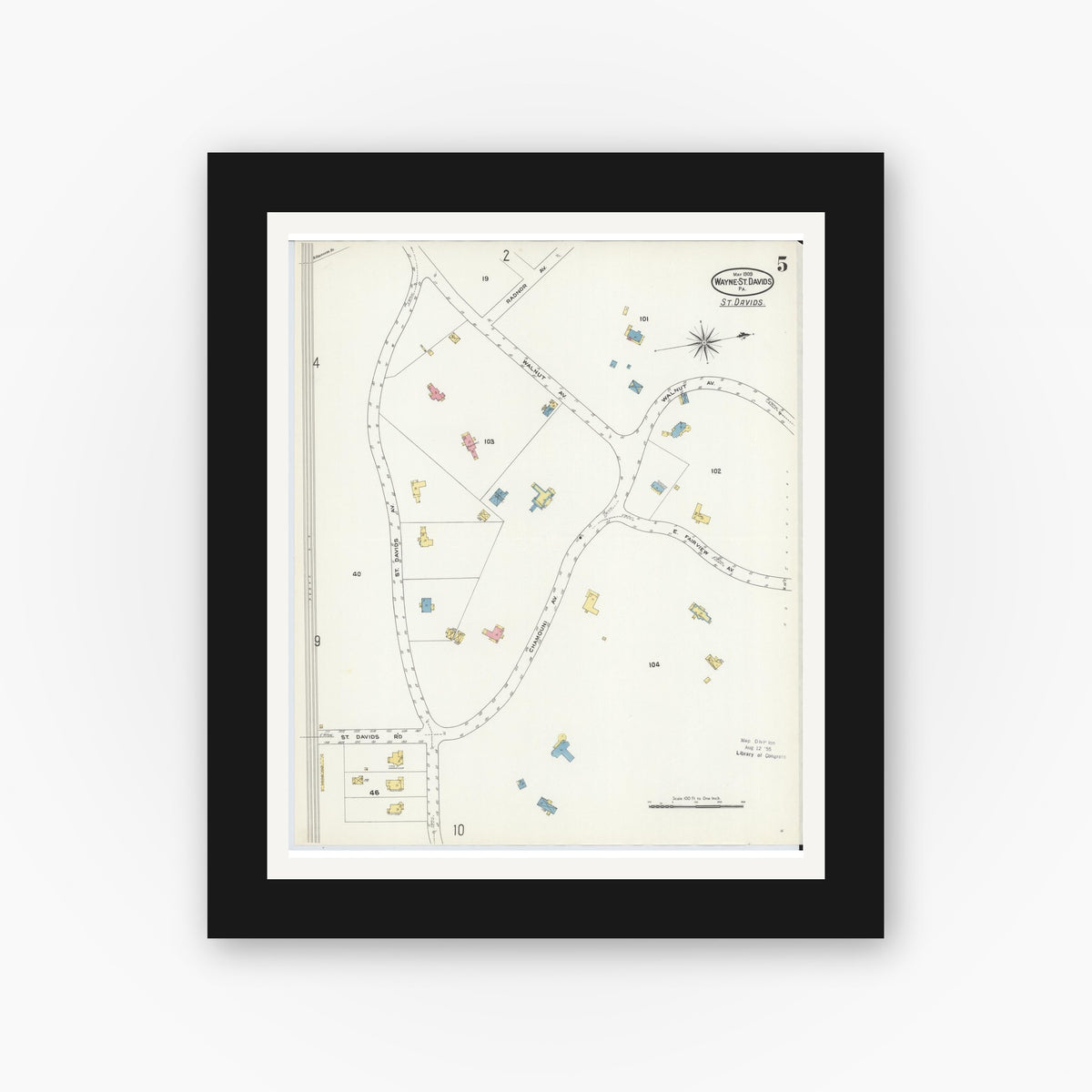 Old map wall art mockup — black gallery frame with white mat — Sanborn Fire Insurance Map from Wayne, Delaware County, Pennsylvania (1909), Sheet #0005