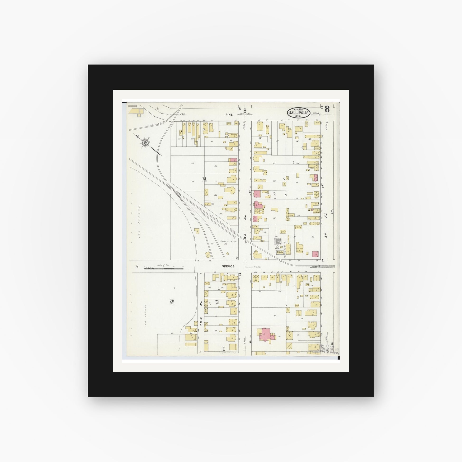 Old map wall art mockup — black gallery frame with white mat — Sanborn Fire Insurance Map from Gallipolis, Gallia County, Ohio (1916), Sheet #0008
