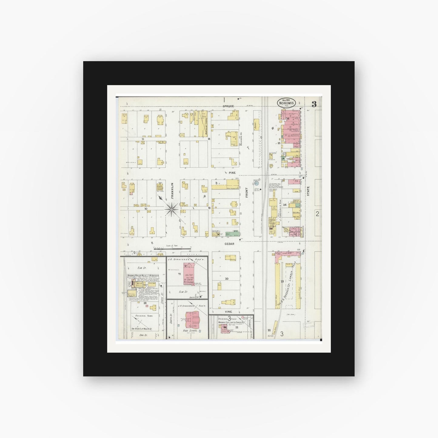 Old map wall art mockup — black gallery frame with white mat — Sanborn Fire Insurance Map from Nokomis, Montgomery County, Illinois (1899), Sheet #0003