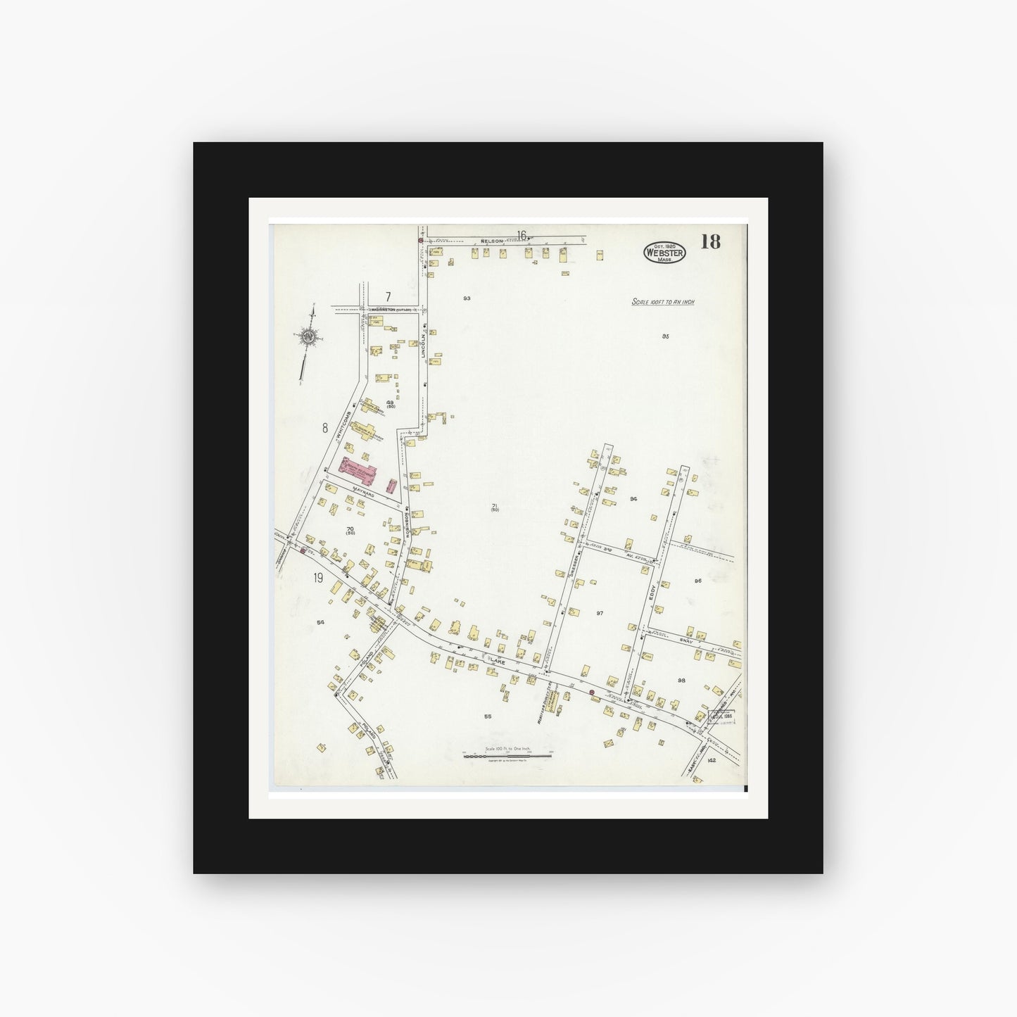 Old map wall art mockup — black gallery frame with white mat — Sanborn Fire Insurance Map from Webster, Worcester County, Massachusetts (1920), Sheet #0018