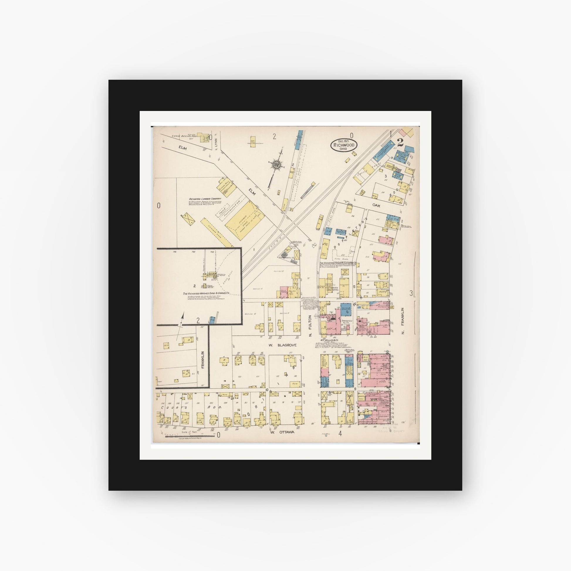 Old map wall art mockup — black gallery frame with white mat — Sanborn Fire Insurance Map from Richwood, Union County, Ohio (1921), Sheet #0002