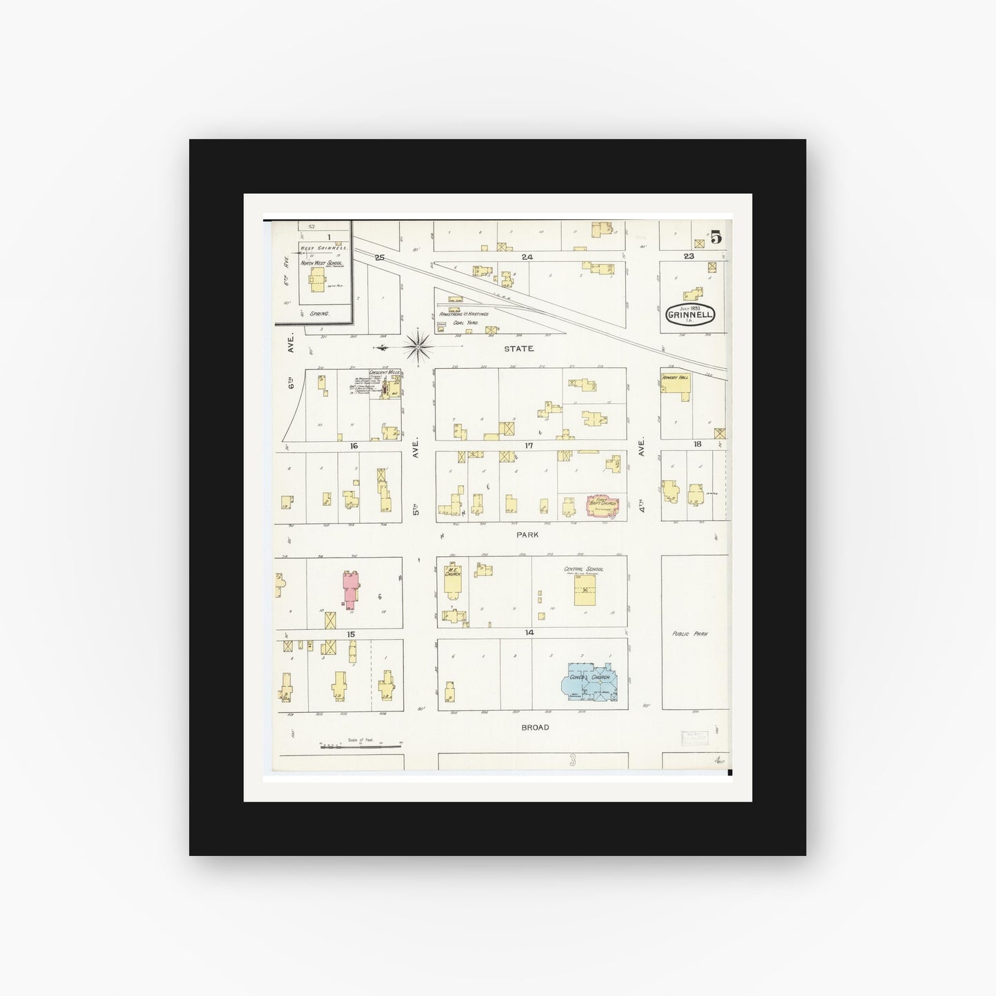 Old map wall art mockup — black gallery frame with white mat — Sanborn Fire Insurance Map from Grinnell, Poweshiek County, Iowa (1893), Sheet #0005