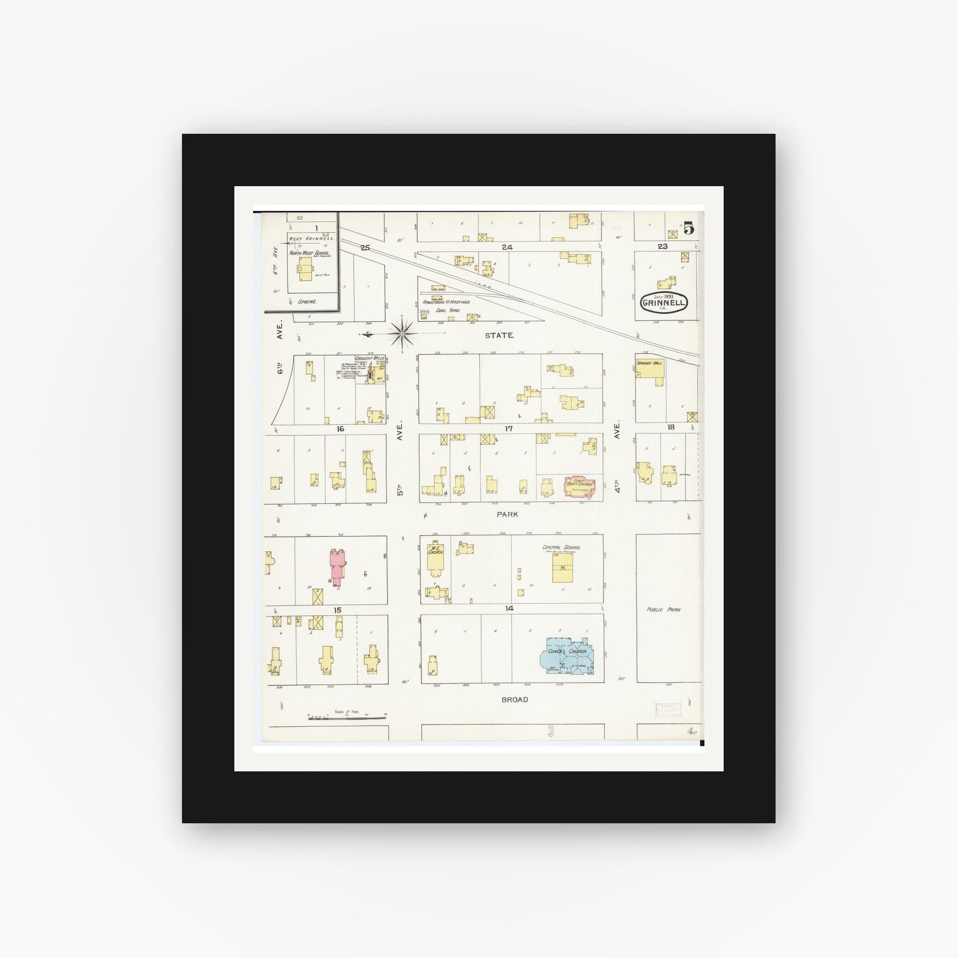 Old map wall art mockup — black gallery frame with white mat — Sanborn Fire Insurance Map from Grinnell, Poweshiek County, Iowa (1893), Sheet #0005