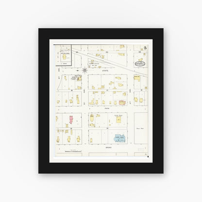 Old map wall art mockup — black gallery frame with white mat — Sanborn Fire Insurance Map from Grinnell, Poweshiek County, Iowa (1893), Sheet #0005