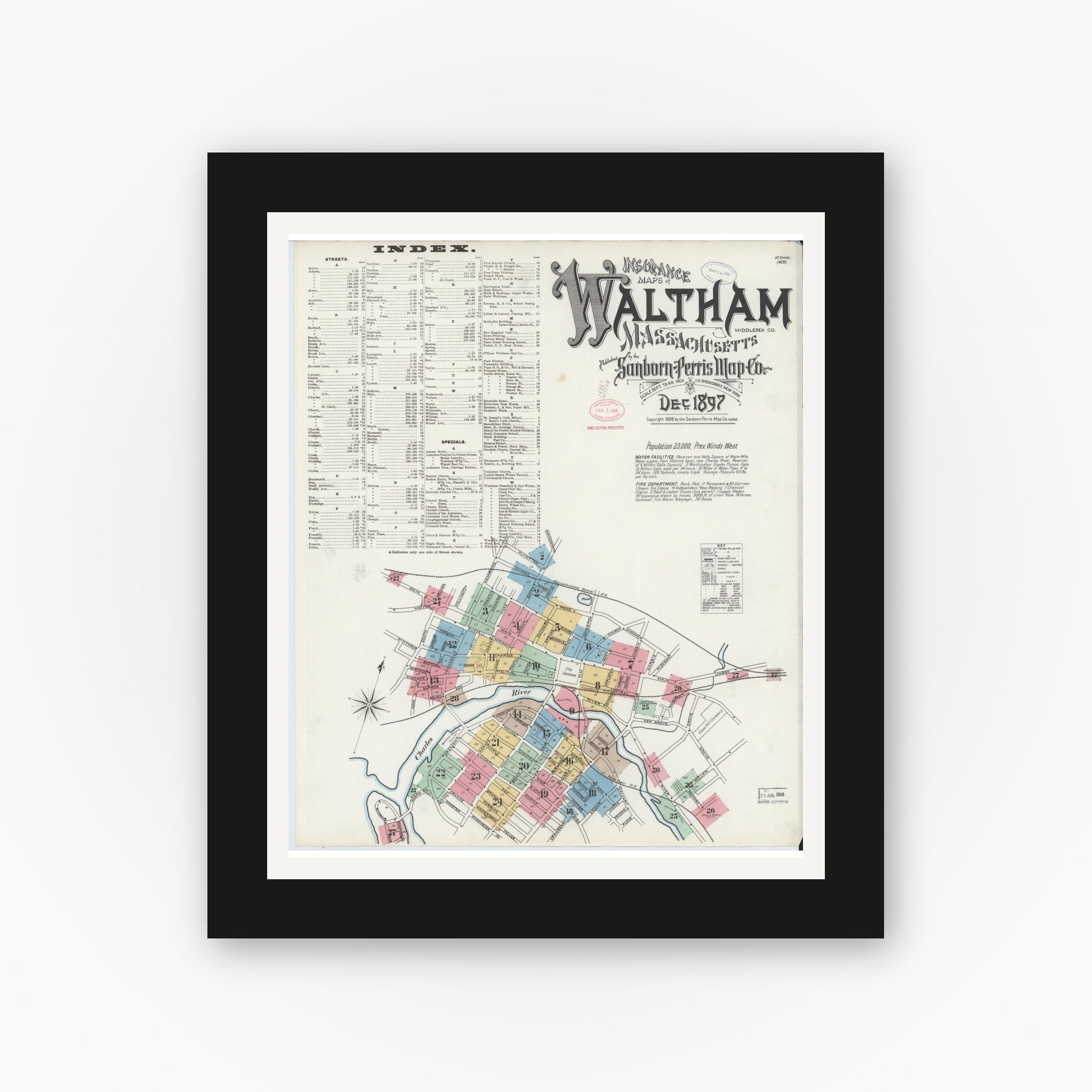 Old map wall art mockup — black gallery frame with white mat — Sanborn Fire Insurance Map from Waltham, Middlesex County, Massachusetts (1897), Sheet #0001