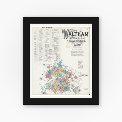 Old map wall art mockup — black gallery frame with white mat — Sanborn Fire Insurance Map from Waltham, Middlesex County, Massachusetts (1897), Sheet #0001
