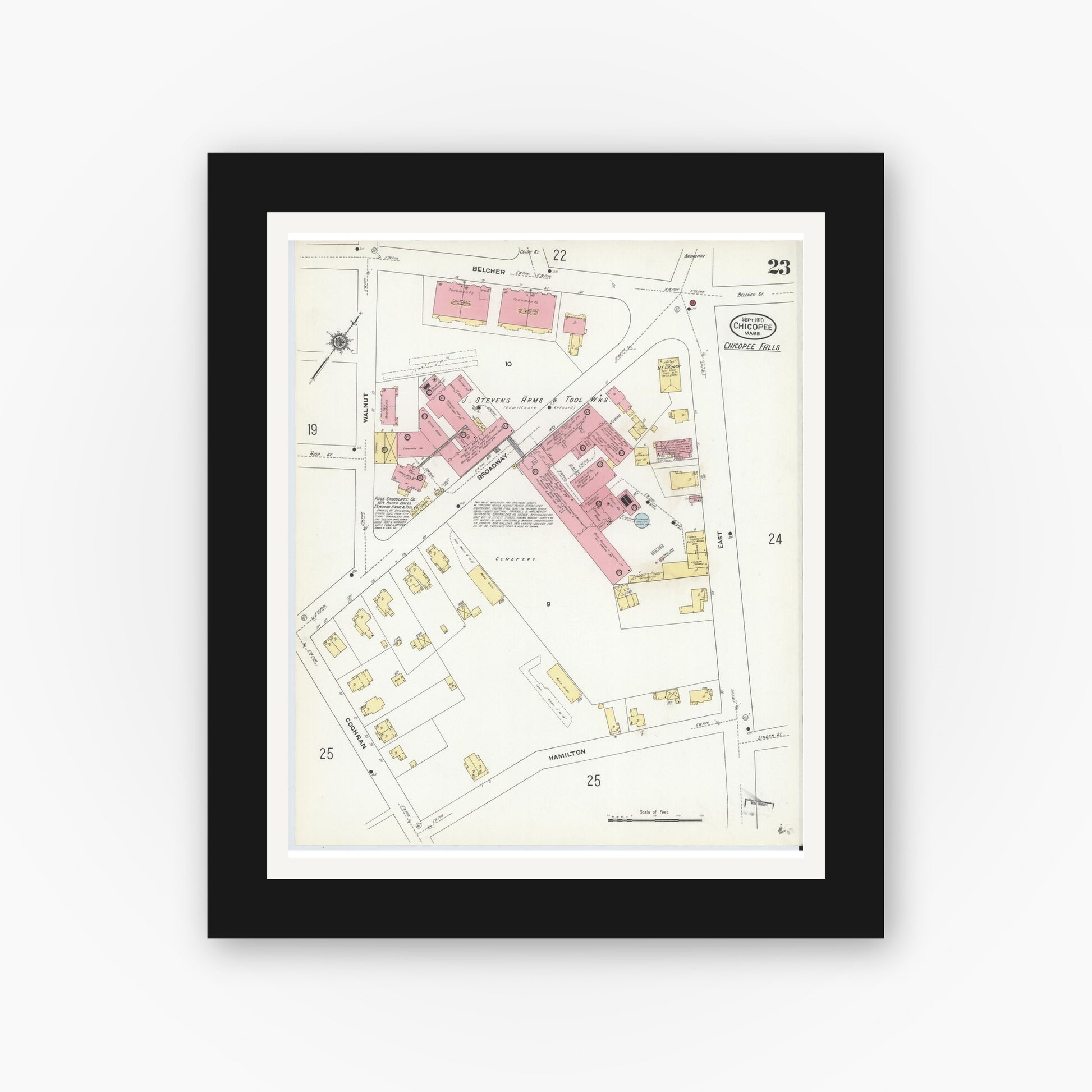 Old map wall art mockup — black gallery frame with white mat — Sanborn Fire Insurance Map from Chicopee, Hampden County, Massachusetts (1910), Sheet #0023