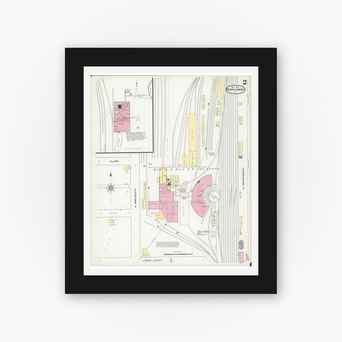 Old map wall art mockup — black gallery frame with white mat — Sanborn Fire Insurance Map from Murphysboro, Jackson County, Illinois (1909), Sheet #0002