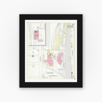 Old map wall art mockup — black gallery frame with white mat — Sanborn Fire Insurance Map from Murphysboro, Jackson County, Illinois (1909), Sheet #0002