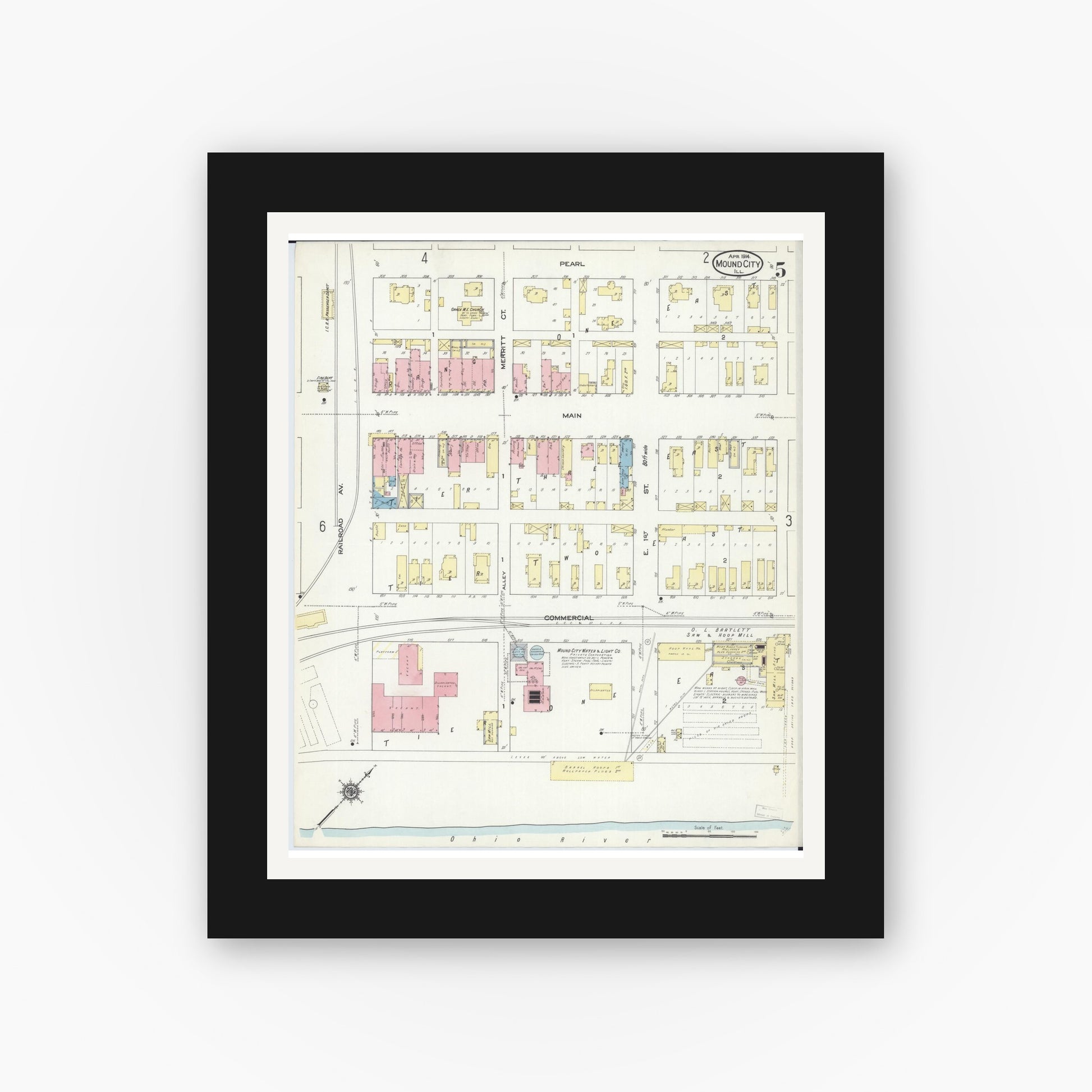 Old map wall art mockup — black gallery frame with white mat — Sanborn Fire Insurance Map from Mound City, Pulaski County, Illinois (1914), Sheet #0005