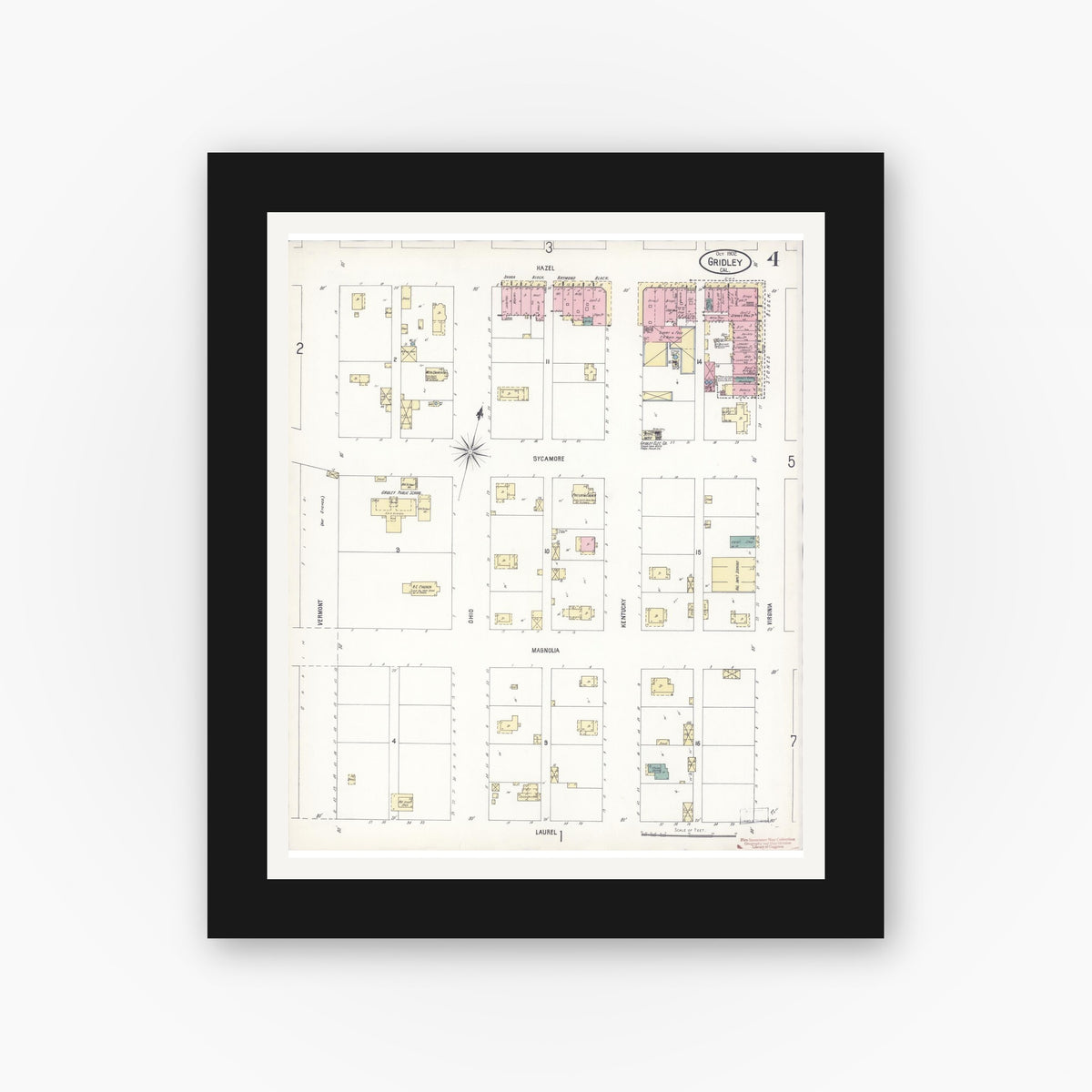Old map wall art mockup — black gallery frame with white mat — Sanborn Fire Insurance Map from Gridley, Butte County, California (1902), Sheet #0004