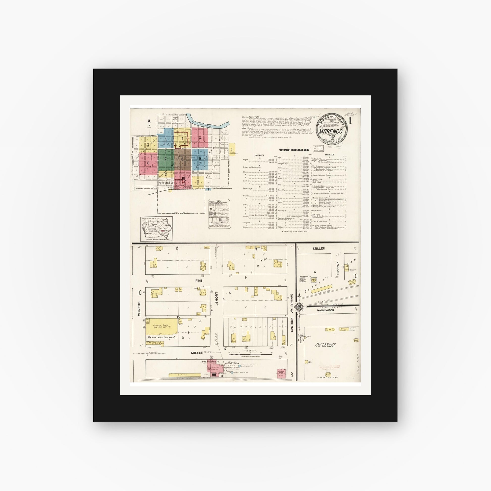Old map wall art mockup — black gallery frame with white mat — Sanborn Fire Insurance Map from Marengo, Iowa County, Iowa (1922) â€” Complete Set