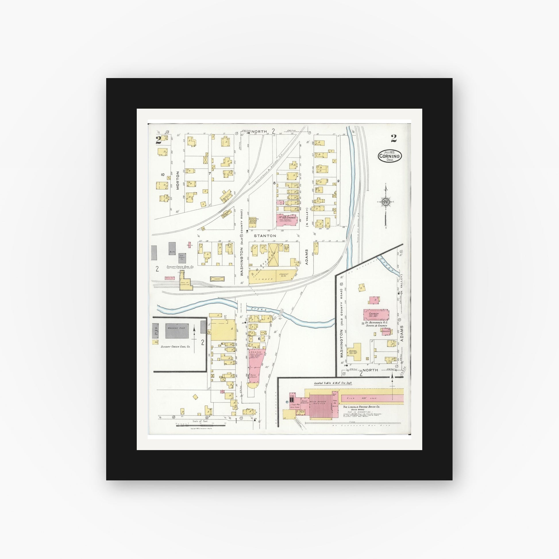 Old map wall art mockup — black gallery frame with white mat — Sanborn Fire Insurance Map from Corning, Perry County, Ohio (1926), Sheet #0002