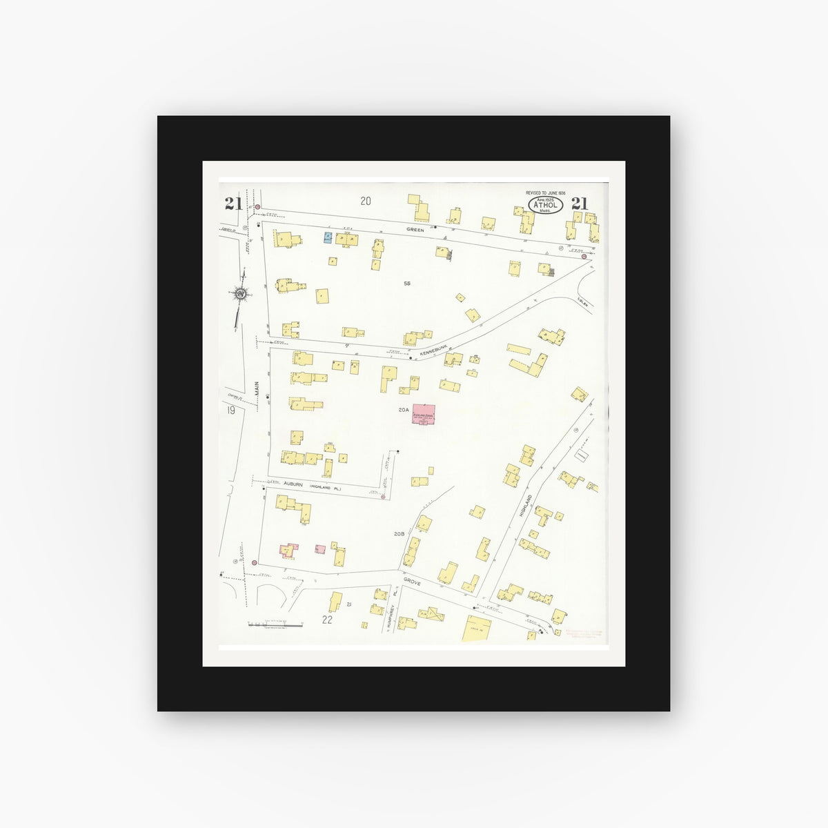 Old map wall art mockup — black gallery frame with white mat — Sanborn Fire Insurance Map from Athol, Worcester County, Massachusetts (1936), Sheet #0021