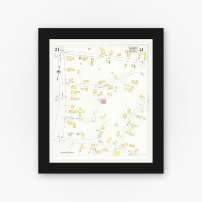 Old map wall art mockup — black gallery frame with white mat — Sanborn Fire Insurance Map from Athol, Worcester County, Massachusetts (1936), Sheet #0021