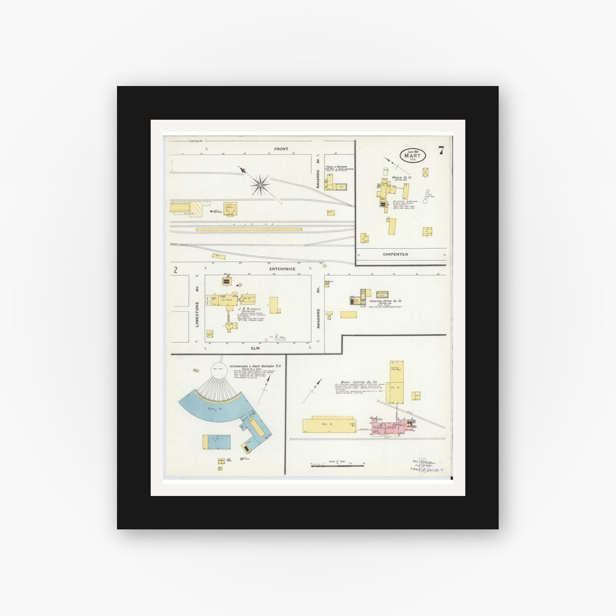 Old map wall art mockup — black gallery frame with white mat — Sanborn Fire Insurance Map from Mart, McLennan County, Texas (1909), Sheet #0007