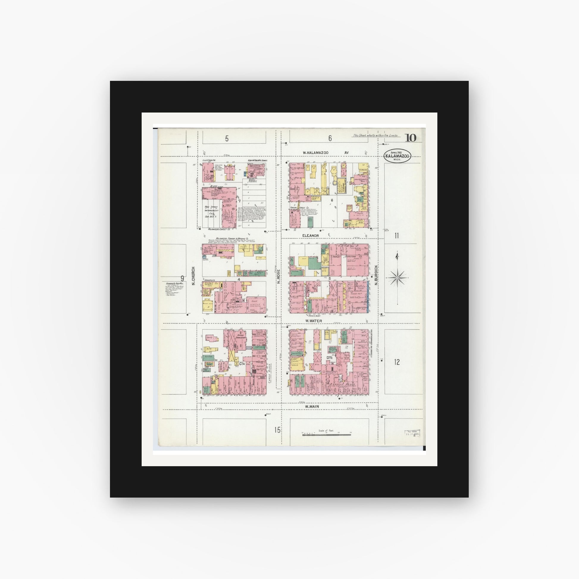 Old map wall art mockup — black gallery frame with white mat — Sanborn Fire Insurance Map from Kalamazoo, Kalamazoo County, Michigan (1902), Sheet #0010