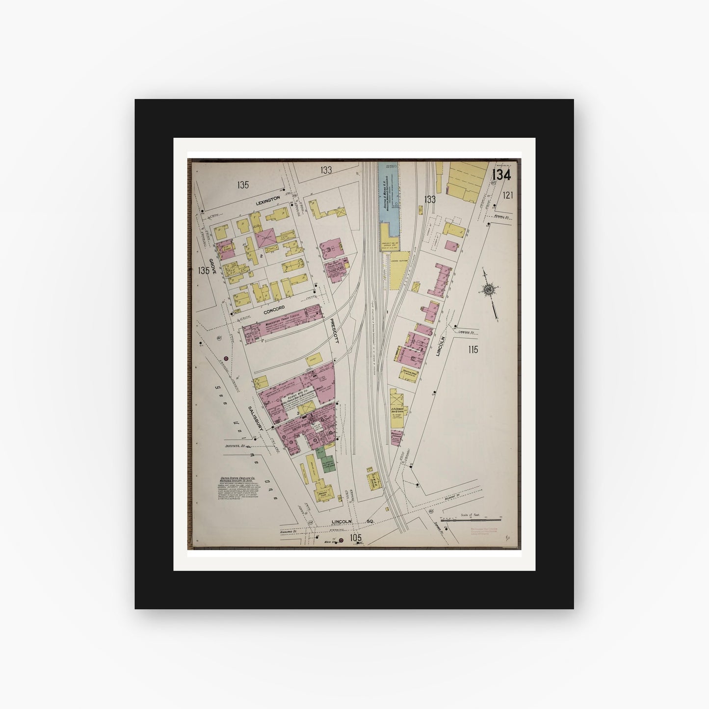 Old map wall art mockup — black gallery frame with white mat — Sanborn Fire Insurance Map from Worcester, Worcester County, Massachusetts (1910), Sheet #0134