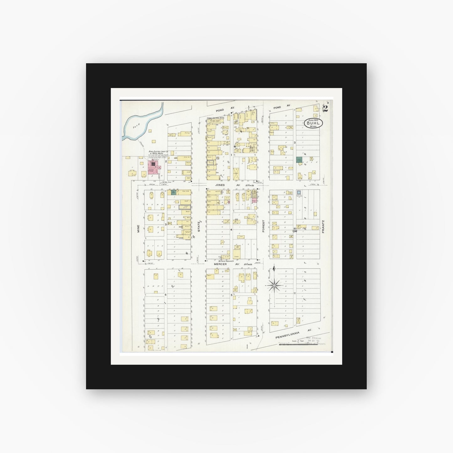 Old map wall art mockup — black gallery frame with white mat — Sanborn Fire Insurance Map from Buhl, Saint Louis County, Minnesota (1909), Sheet #0002