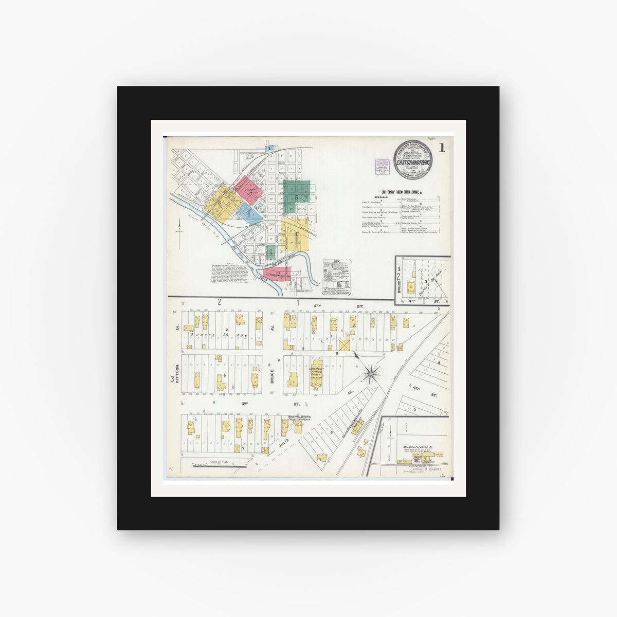 Old map wall art mockup — black gallery frame with white mat — Sanborn Fire Insurance Map from East Grand Forks, Polk County, Minnesota (1904), Sheet #0001