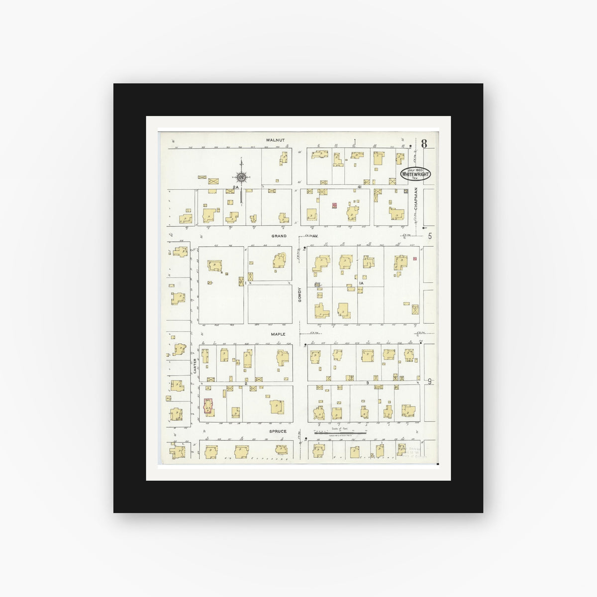 Old map wall art mockup — black gallery frame with white mat — Sanborn Fire Insurance Map from Whitewright, Grayson County, Texas (1920), Sheet #0008