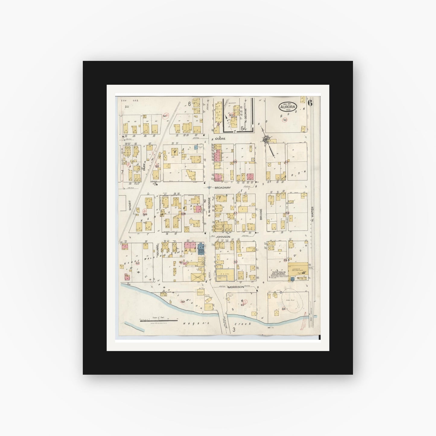 Old map wall art mockup — black gallery frame with white mat — Sanborn Fire Insurance Map from Aurora, Dearborn County, Indiana (1935), Sheet #0006