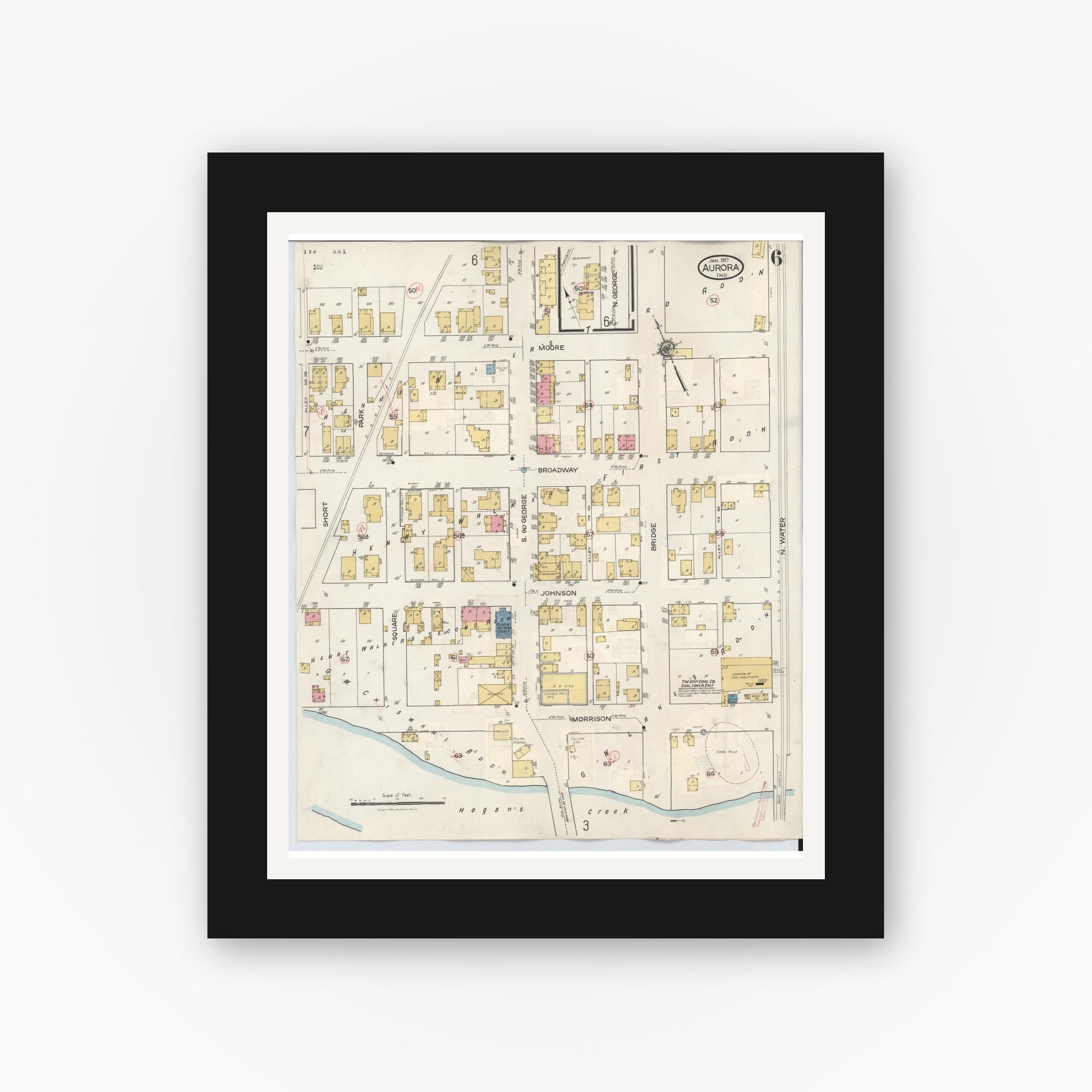 Old map wall art mockup — black gallery frame with white mat — Sanborn Fire Insurance Map from Aurora, Dearborn County, Indiana (1935), Sheet #0006