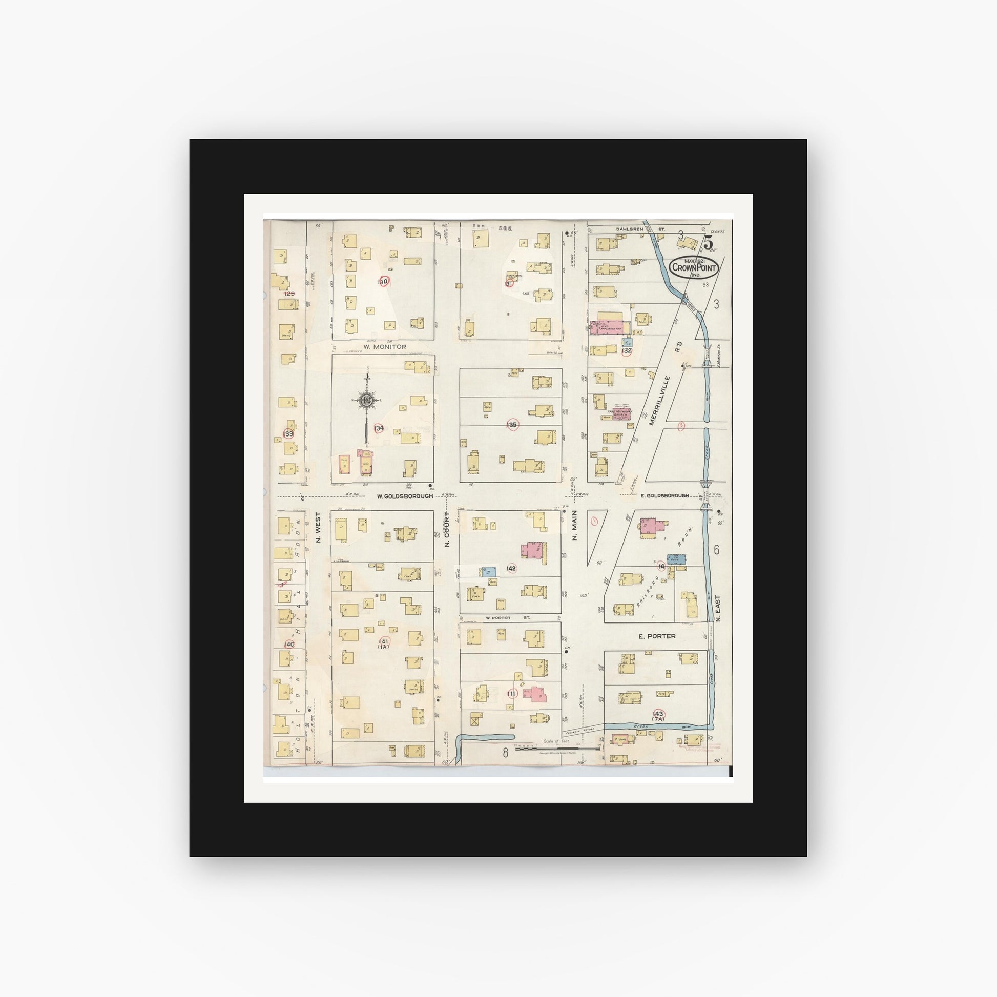 Old map wall art mockup — black gallery frame with white mat — Sanborn Fire Insurance Map from Crown Point, Lake County, Indiana (1948), Sheet #0005