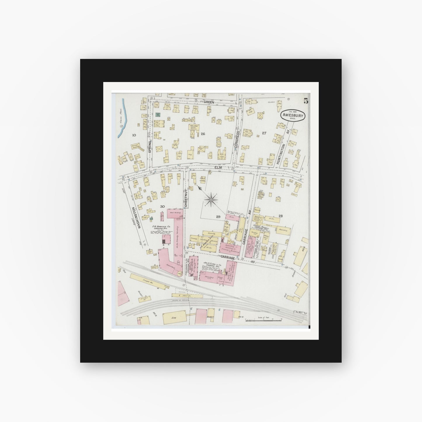 Old map wall art mockup — black gallery frame with white mat — Sanborn Fire Insurance Map from Amesbury, Essex County, Massachusetts (1889), Sheet #0005