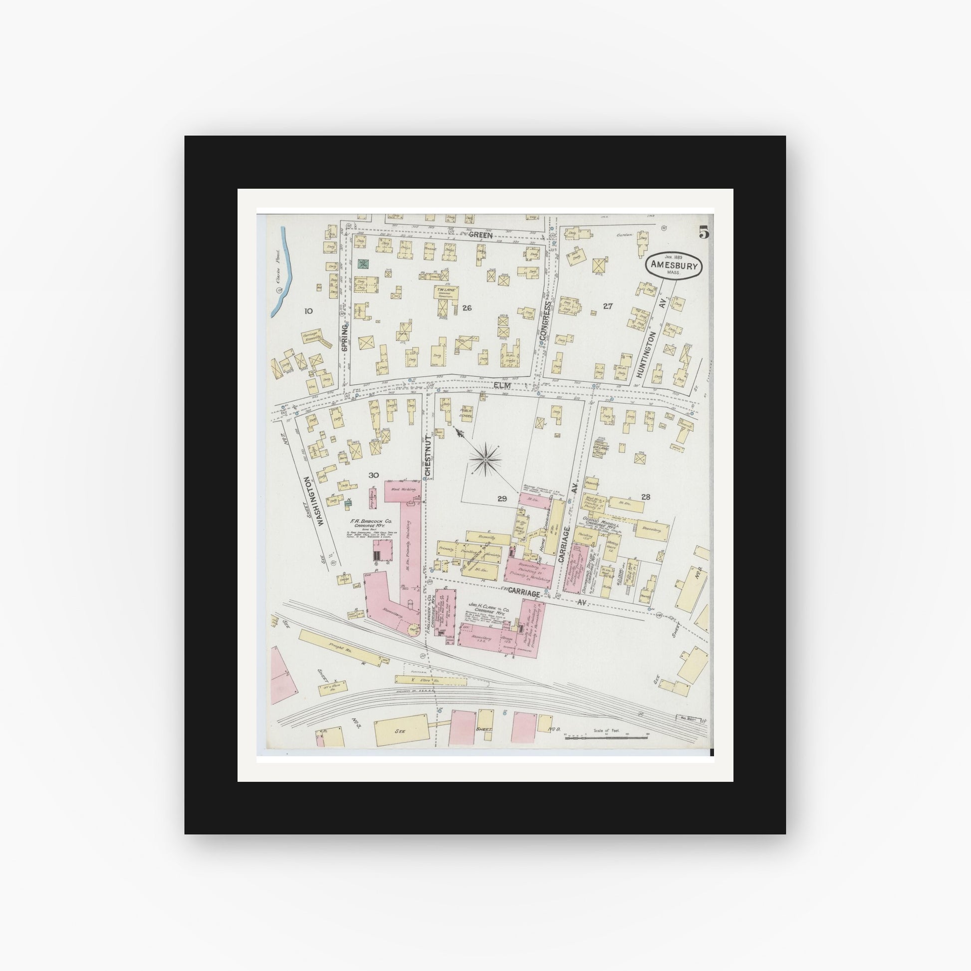 Old map wall art mockup — black gallery frame with white mat — Sanborn Fire Insurance Map from Amesbury, Essex County, Massachusetts (1889), Sheet #0005
