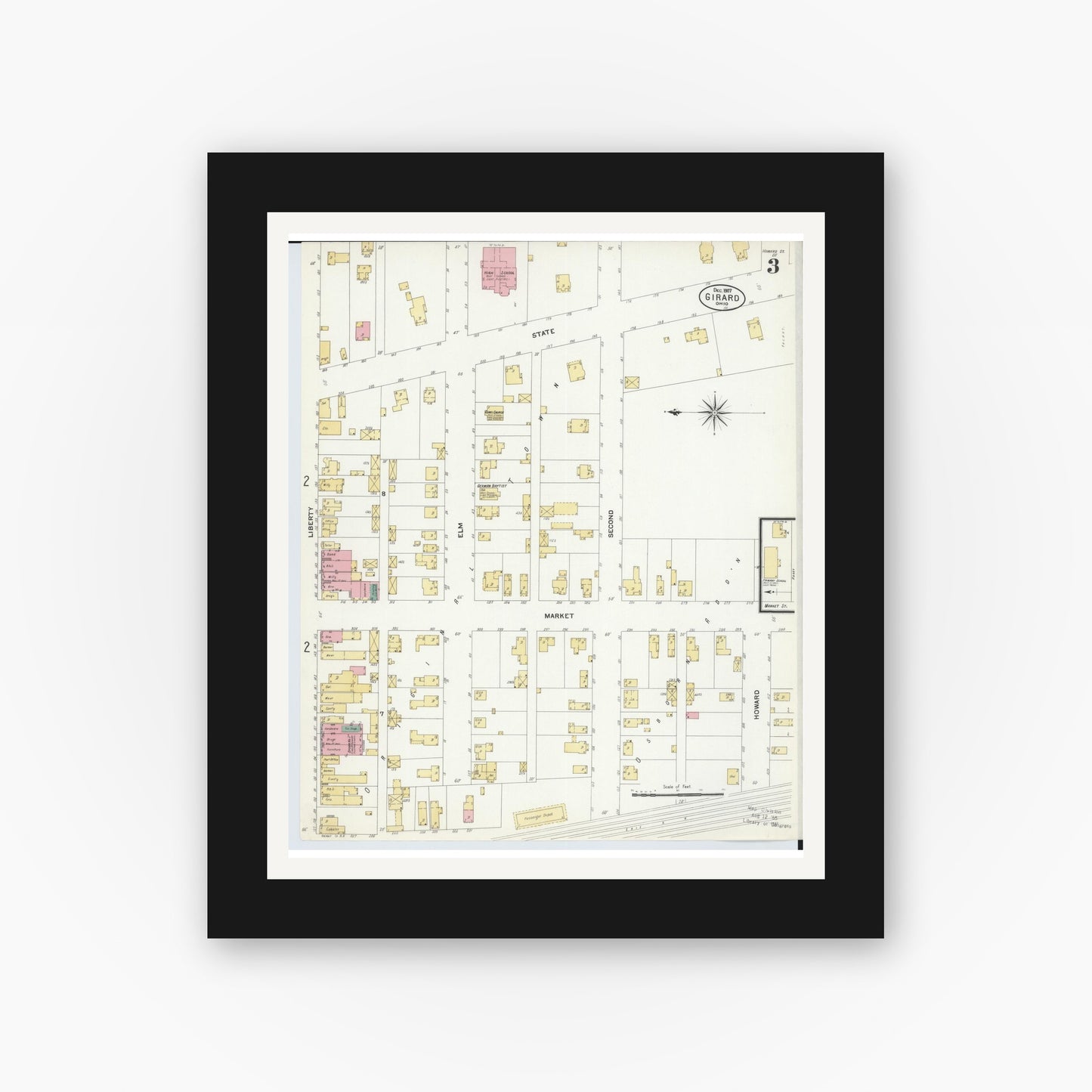 Old map wall art mockup — black gallery frame with white mat — Sanborn Fire Insurance Map from Girard, Trumbull County, Ohio (1907), Sheet #0003